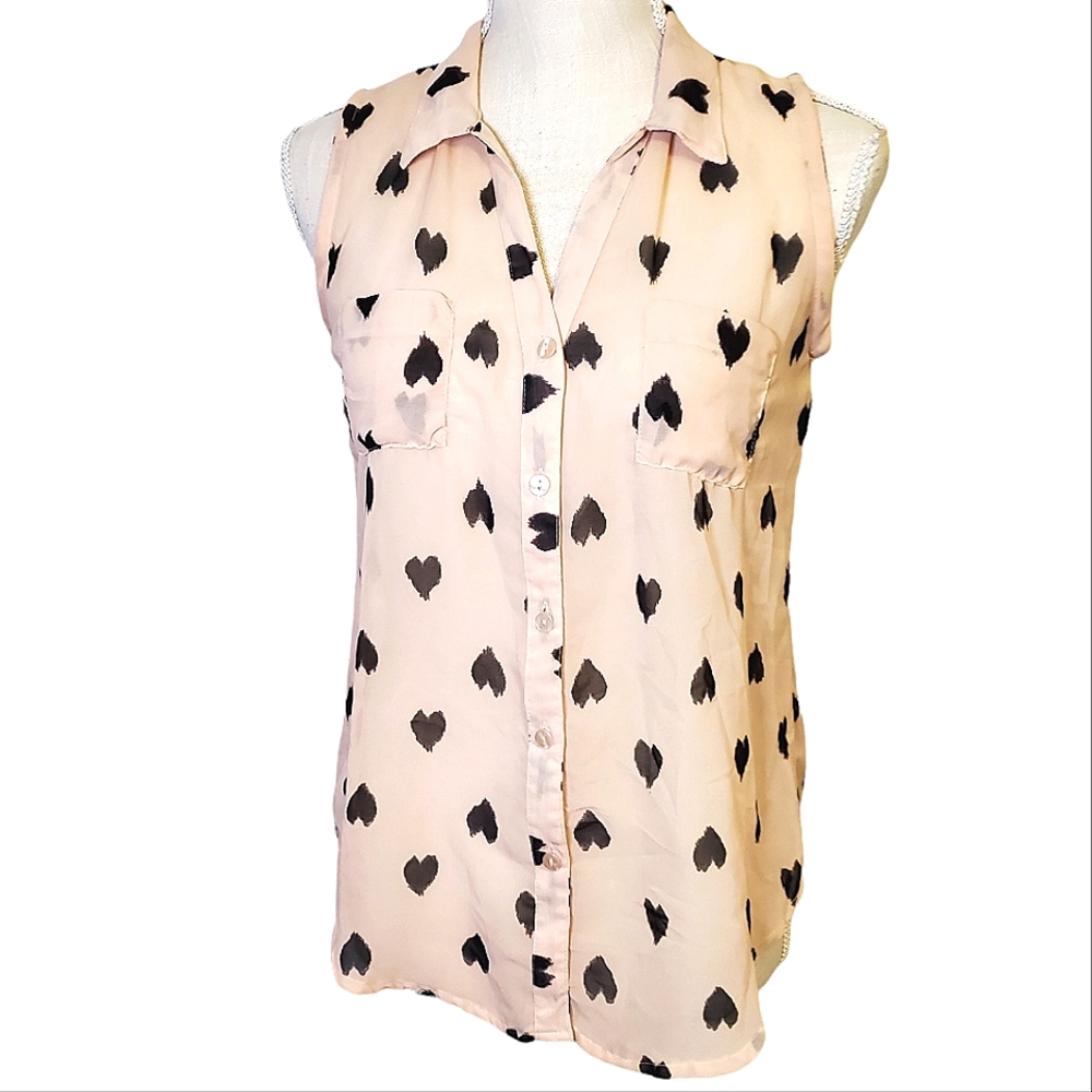 FUN & FLIRT | Women's tan with black hearts sheer sleeveless top. Size medium.